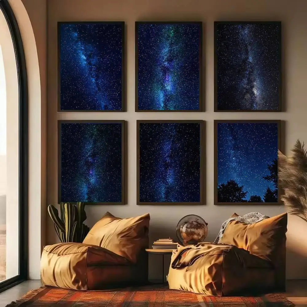 Blue Milky Way Night Sky Poster, Galaxy Starry Scenery Wall Art Print, Cosmic Space Landscape Home Room Wall Decor