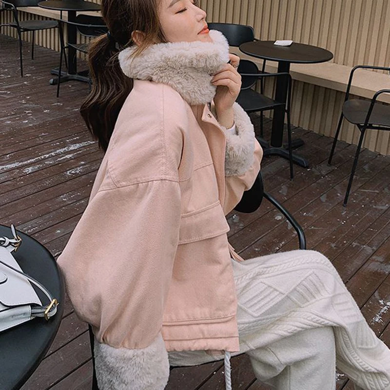 Rimocy Winter Lamb Fleece Jacket Women 2024 Korean Patchwork Cotton Padded Jackets Woman Chic Fur Turn Down Collar Coat Female