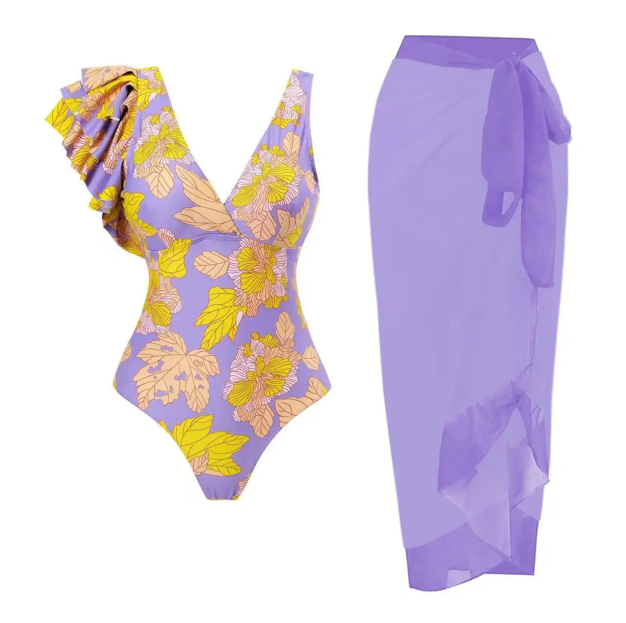 

Set One-Piece Slimming Swimsuit New Women's 2-Piece Bikini One-Piece Beach Falbala Swimsuit Printed Bikini