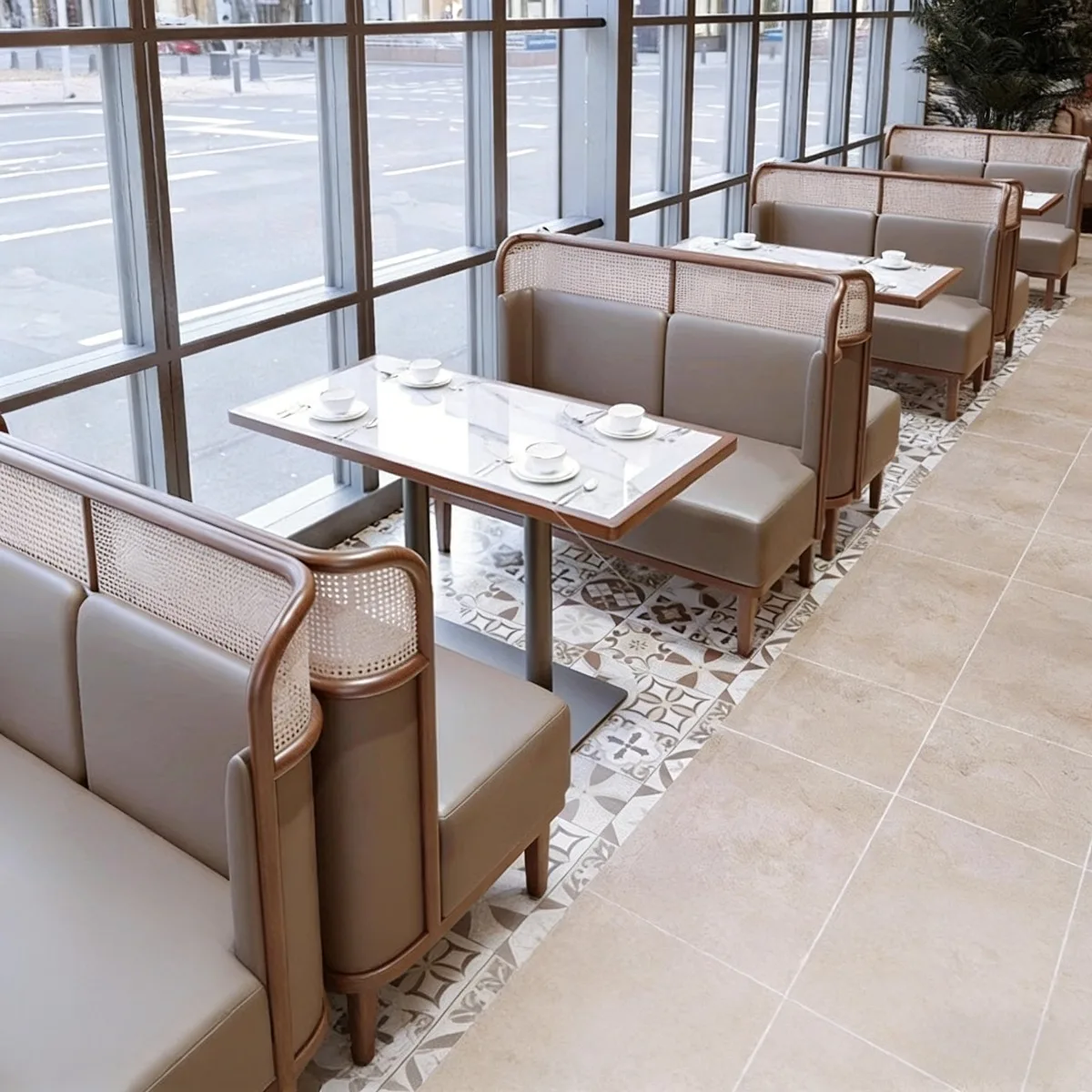 

Commercial Booth Sofa Set Rattan Solid Wood, Restaurant Table Chair for Southeast Asia Theme Tea House Hot Pot Japanese Hotel