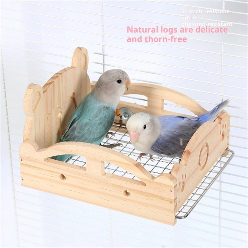 Wooden Bird Nest Bed For Small Birds And Cockatiels Featuring Metal Screen Base And Wildlife Themed Structure 37JD