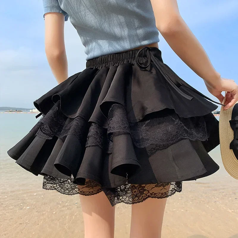 Ladies Lace Splicing Sexy Mini Skirt Womens Korean Fashion Casual Pleated Skirt Female Girls Lolita Cute Black Fluffy Skirts