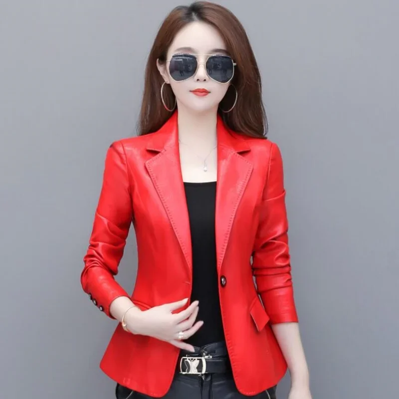 Jaqueta de couro genuíno feminina, casaco de pele de carneiro fino, jaqueta de couro real, blazer casual feminino preto e vermelho, moda coreana,