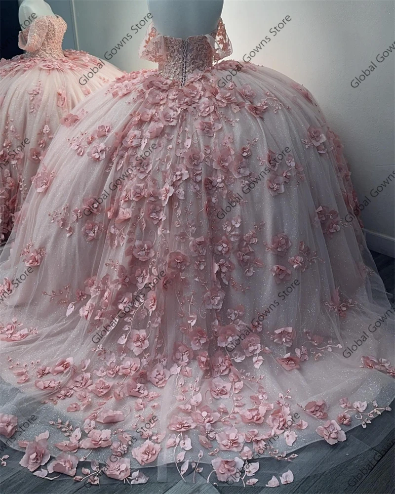 Lovely Pink 3D Flowers Three Quarter Sleeve Quinceanera Dresses Ball Gown 2025 Bow Sweetheart Sweet 16 Dress Wedding Customized