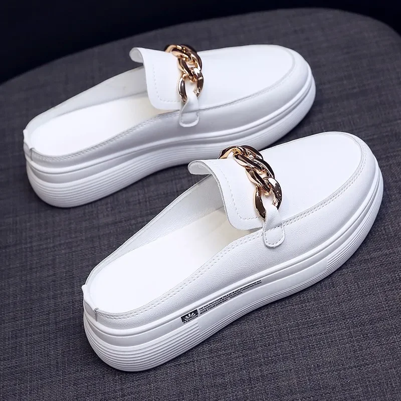 2023 Summer New Half Slippers Baotou Without Heel Inside Increase Women's Sneakers Outdoor Canvas Walking Shoes Woman Female