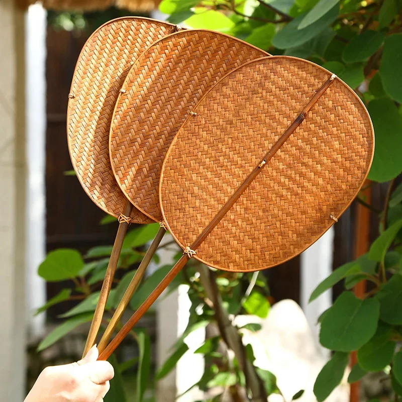 Summer LongHandled Cooling Fan Chinese Retro Lacquer Waist Fan Handmade Bamboo Weaving Group Fan Hanfu Dance Props