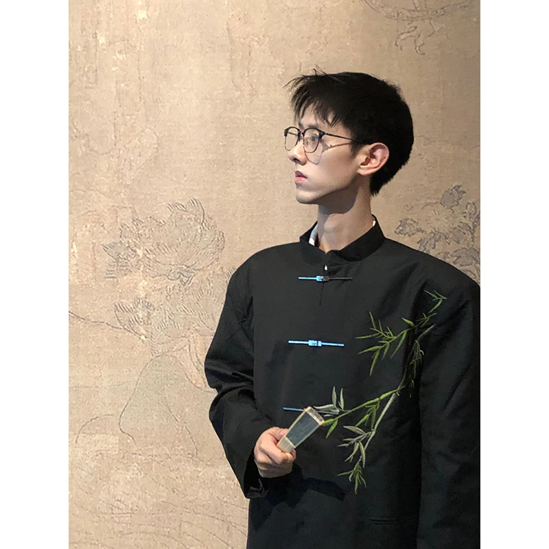 

New Chinese Sle Men's Suit oulder Pads Bamboo Embroidery Stand Collar Early Autumn Faionable Wedding Ceremony Dr