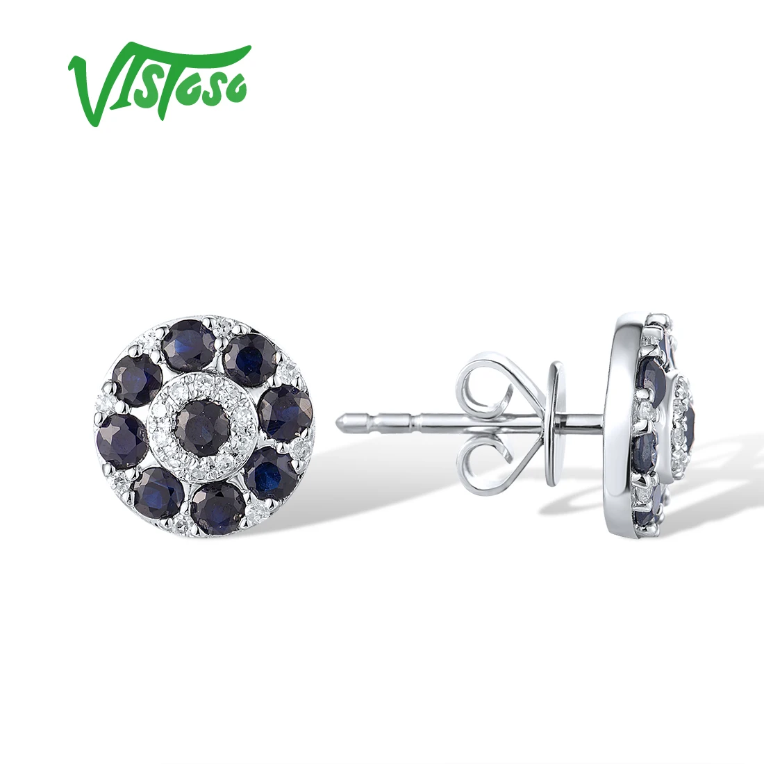 VISTOSO Real 14K 585 White Gold Earrings Stud For Women Sparkling Diamond Blue Sapphire Round Glamorous Wedding Fine Jewelry