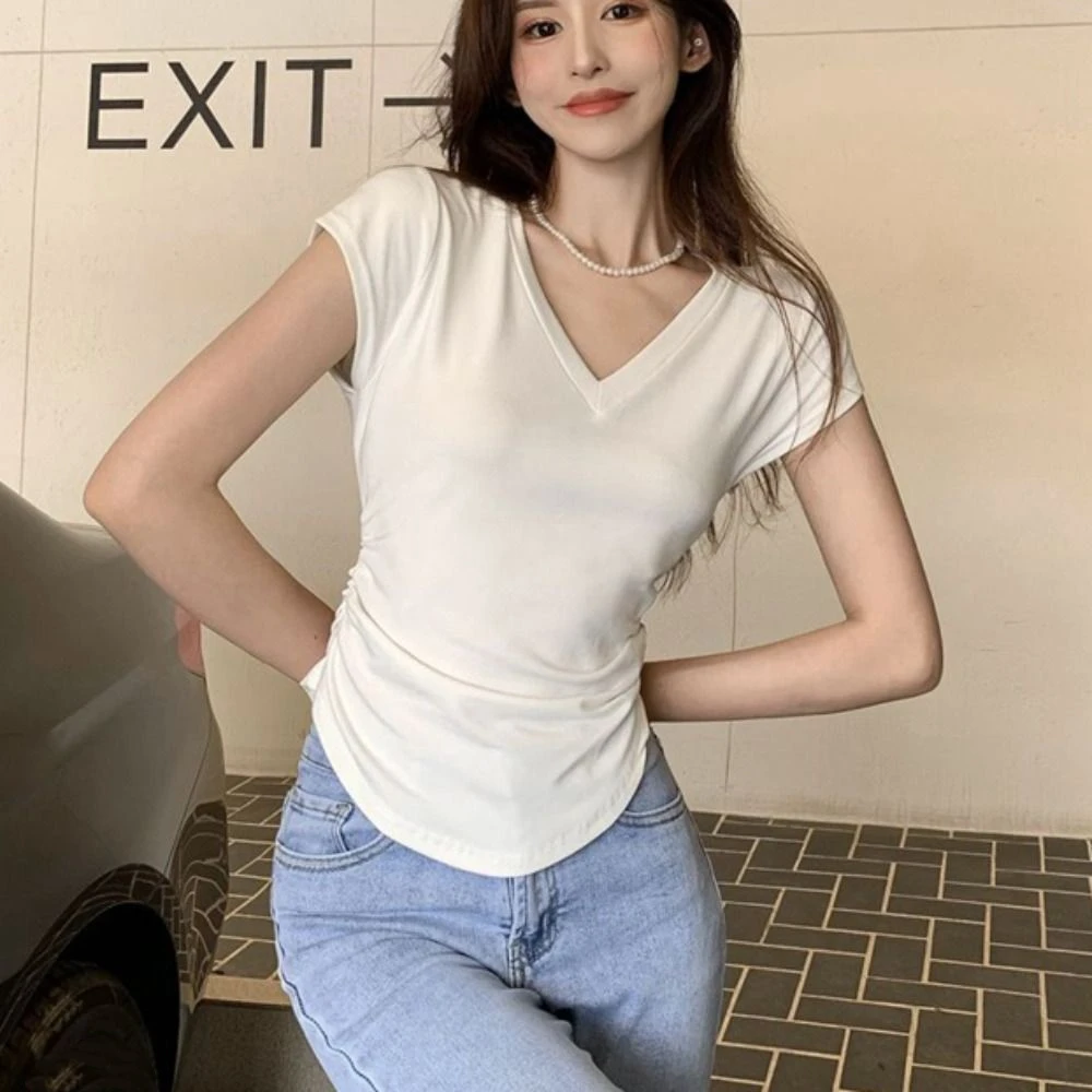 

Sweet Pleated Short Sleeve T-shirt Slim Fit Simple Y2K Crop Top Women Chic Bottoming Shirt V-neck Tees Top Girls