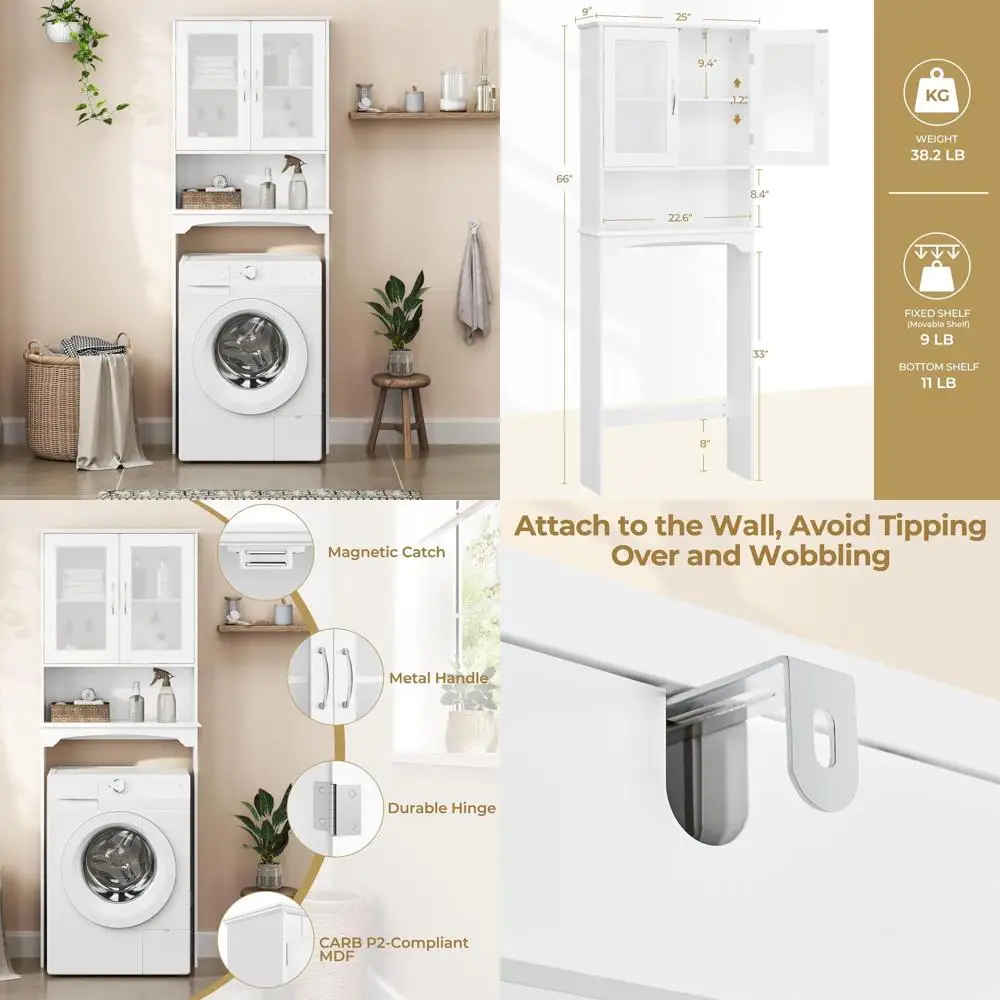 

Шкаф для хранения над унитазом с двойными стеклянными дверцами, регулируемыми полками, высотой 66 дюймов, отдельно стоящая полка для ванной комнаты