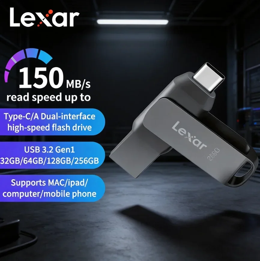 Lexar D400 USB 3.1 Type-C 130MB/s Metal Flash Drive Dual Port 32GB 64GB 128GB 256GB Mobile Phone Computer
