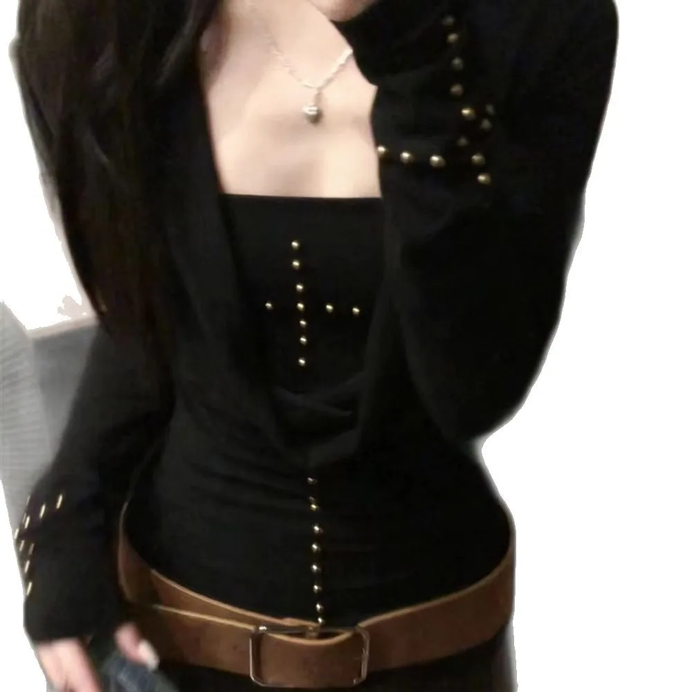 Y2k Dark Girl Cross Long Sleeve T-Shirt Set Women's Autumn Design Pure Desire Spicy Top Two-Piece Set Korean Style Slim Fit view 5