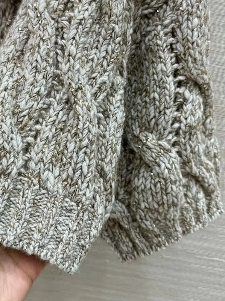 Women's Hollow Out Twists Cardigan V-Neck Long Sleeve Vintage Loose Knitted Sweater