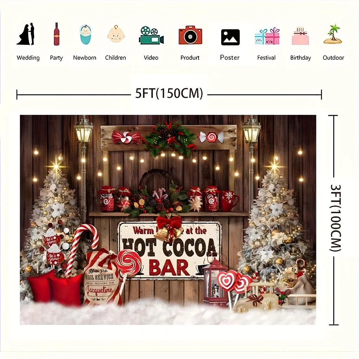 Sfondo natalizio per bar al cacao caldo - Sfondo fotografico per feste di festival con bastoncino di zucchero, alberi di pino e decorazioni festive