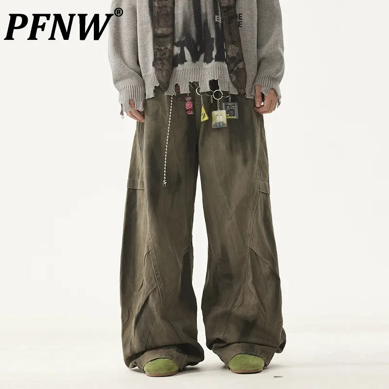 PFNW Men's Vintage Washed Trousers Deconstructive Pleated Machete Pants Male Cleanfit Loose Wide Leg Casual Long Pants 28W5480