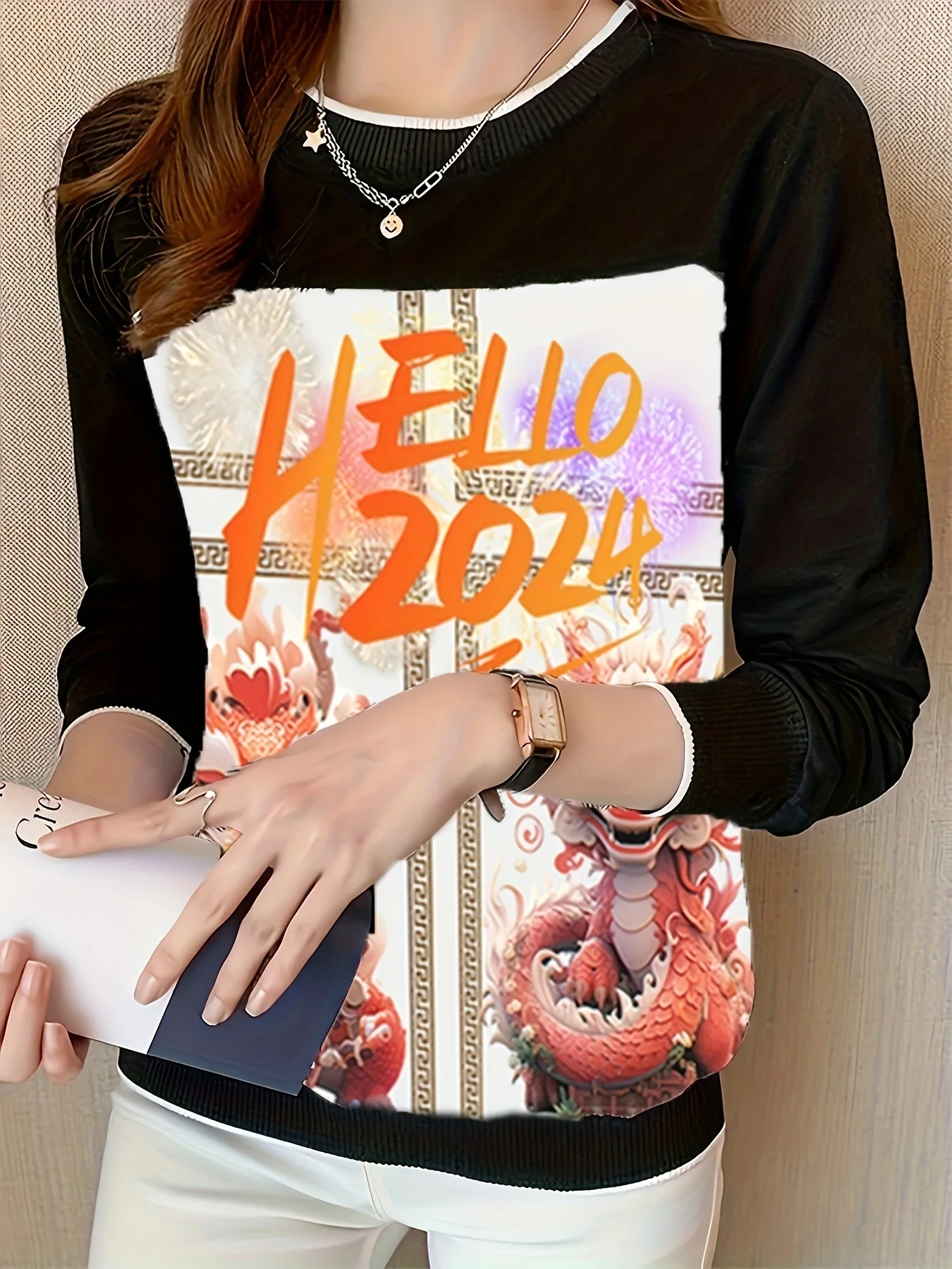 Camisetas de fondo de Dargon para mujer, sudadera de manga larga, camisetas informales a la moda, camiseta estampada para mujer, 2024