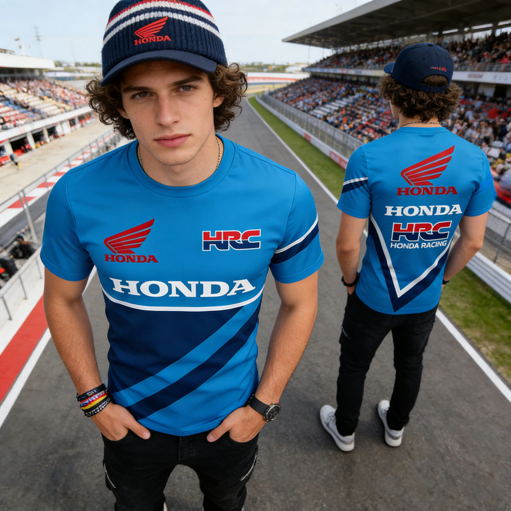 

HRC Honda Racing Периферийная футболка Полная ширина с принтом и круглым вырезом Синяя с короткими рукавами Спортивная повседневная гоночная одежда для фанатов Модный