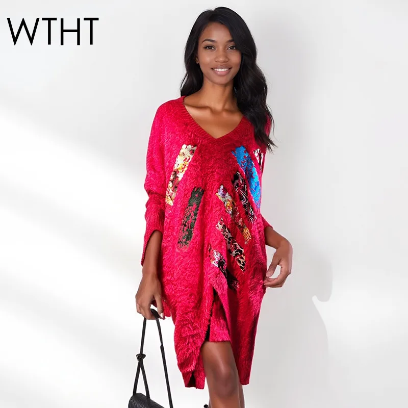 

WTHT винтажные модные женские пуловеры с граффити нестандартной формы, зима 2025, модный свитер с круглым вырезом и длинными рукавами, женский 1LS2704