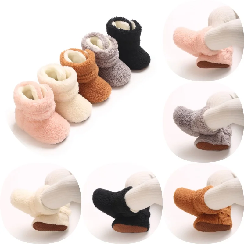 Unisex Baby Winter  Fleece Booties Soft Plush Velcro Cuff Non Slip Sole Infant Newborn Warm Crib First Walkers Snow Boots 0-18M