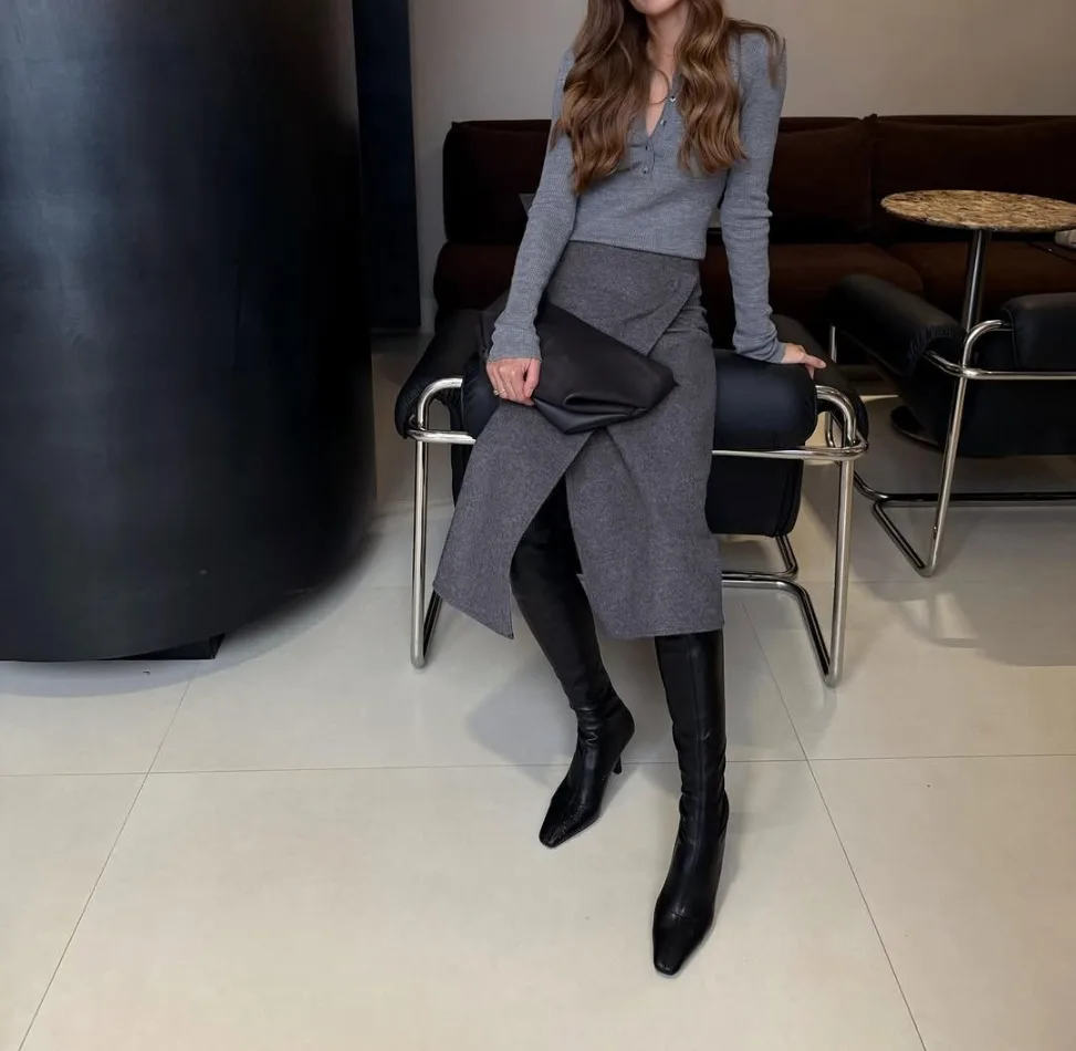 Herbst Winter Neue Damen-Pendlerkleidung Grauer Woll-Midirock Eleganter Hochtaillierter Knopf-Schlitzrock für Damen – Detail 9