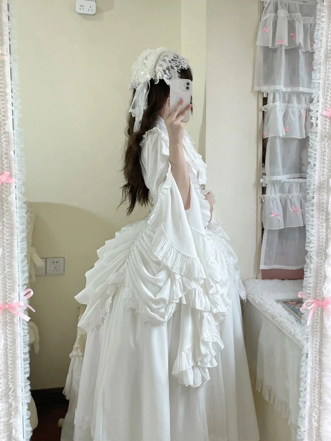 2025 Summer Goth Lolita Flare Sleeves Nun Cos White Shirt Personality New Girls Long Sleeves Crew Neck Ruffles Versatile Top