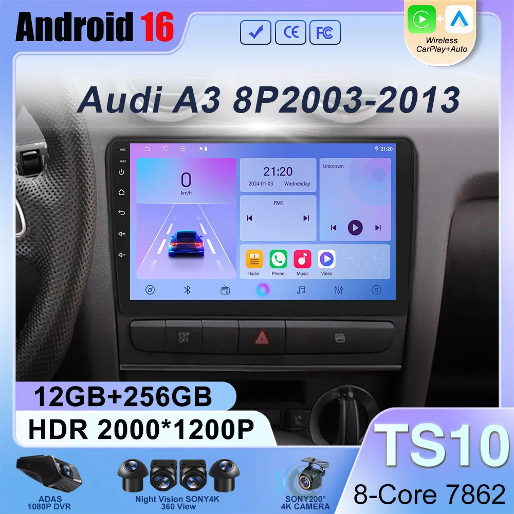 Wireless CarPlay Android Auto Car Radio For Audi A3 8P 2003 2004 2005 2006 - 2013 GPS Multimedia No 2din Stereo Android 16 QLED