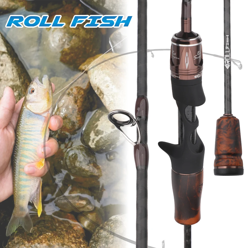 ROLLFISH Ultralight Trout Spinning Casting Fishing Rod Carbon Fiber UL Trout Fishing Rod, Solid Wood Handle for Trout Bass
