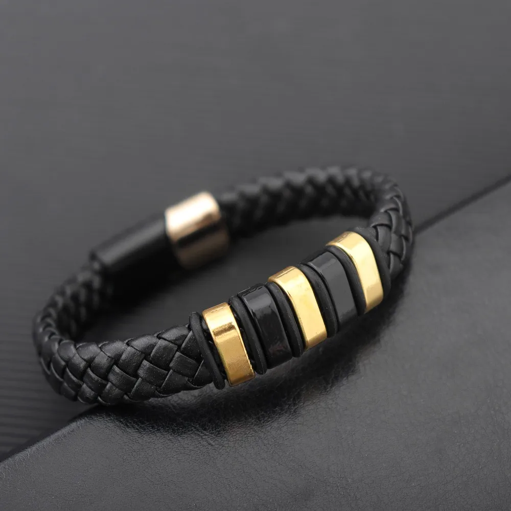 Fashion Braided Wrap Rope Black Leather Bracelets For Men Simple Stainless Steel Charm Vintage Magnet Clasp Bangles Jewelry Gift