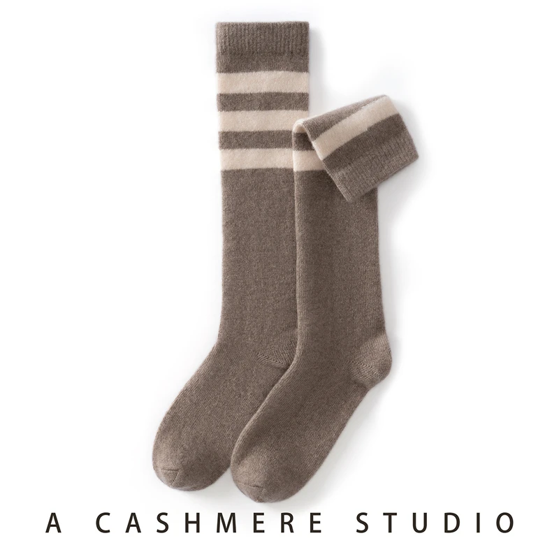 New Product Launch: Women's 100% Cashmere Knitted Striped Mid tube Socks for Autumn and Winter Warmth Cashmere Socks for Fashion