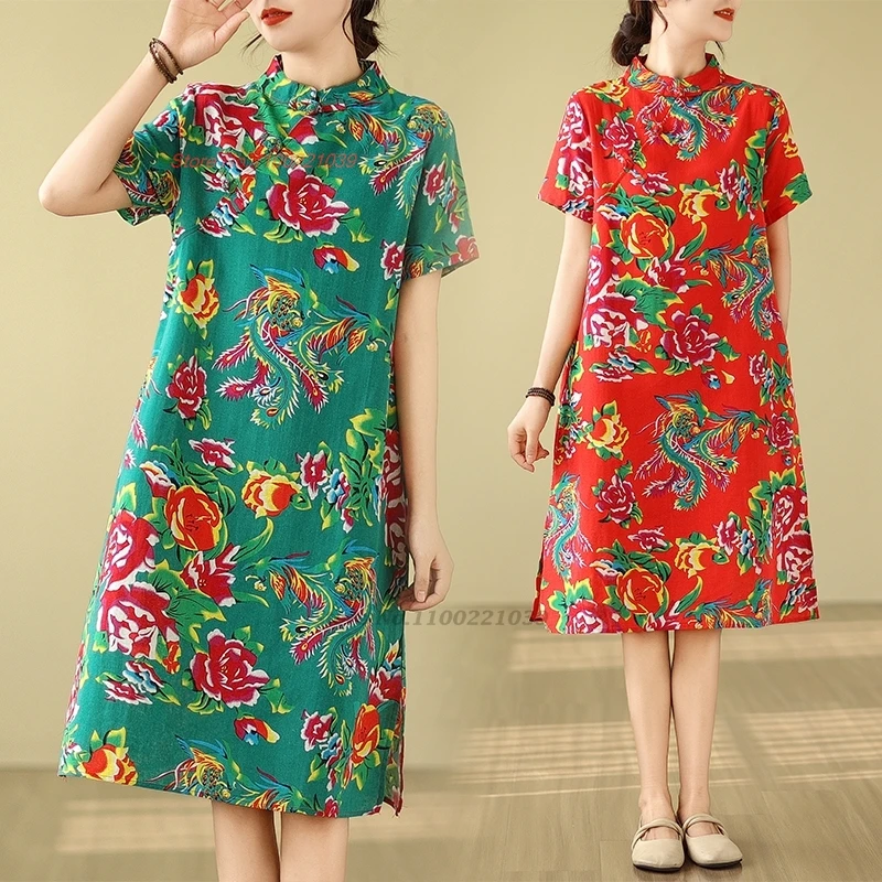 

2024 chinese vintage dress improved qipao national flower print cotton linen cheongsam oriental ethnic a-line dress streetwear