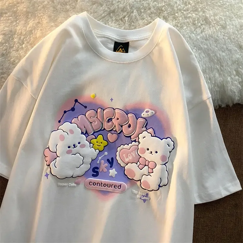 Kawaii Women Tshirt Letter Embroidery Short Female T-shirt Oversized Casual Retro Large Printed Y2k Top T Shirts