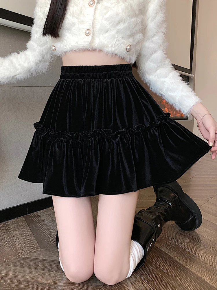 AutumnWinter Velvet Cake Mini Skirts Woman 2024New Collection Short Skirt Elastic Waist  A-line Slim Kawaii Cute Style Versatile