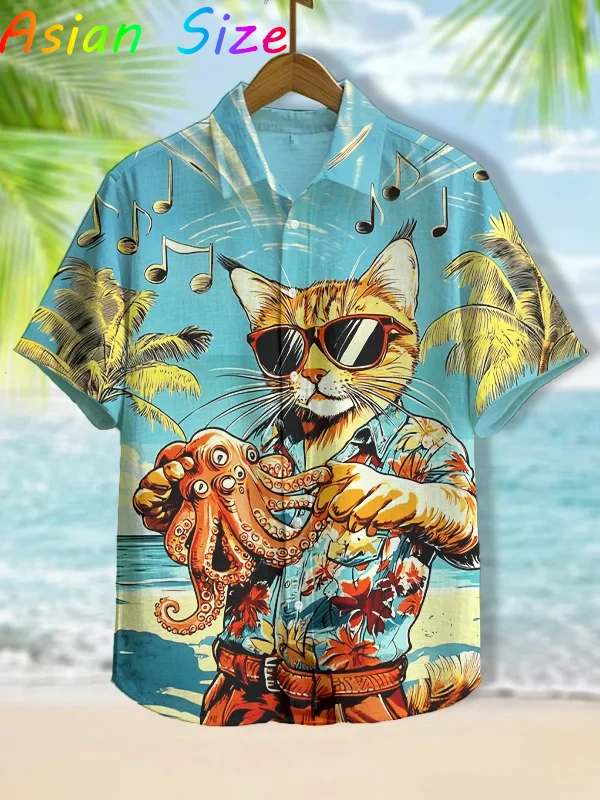 

Забавные гавайские рубашки с животными для пляжного отдыха для мужчин, солнцезащитные очки с изображением кота и енота, мужские гавайские рубашки с коротким рукавом, блузки в стиле хип-хоп Camisa