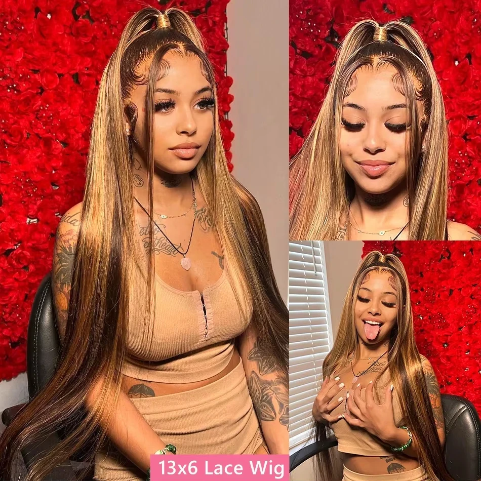 38 Inch Straight Human Hair Wigs Highlight Wig Human Hair 220 Density 13x6 HD Lace Frontal Wig 13x4 4/27 Honey Blond Lace Wig image 2