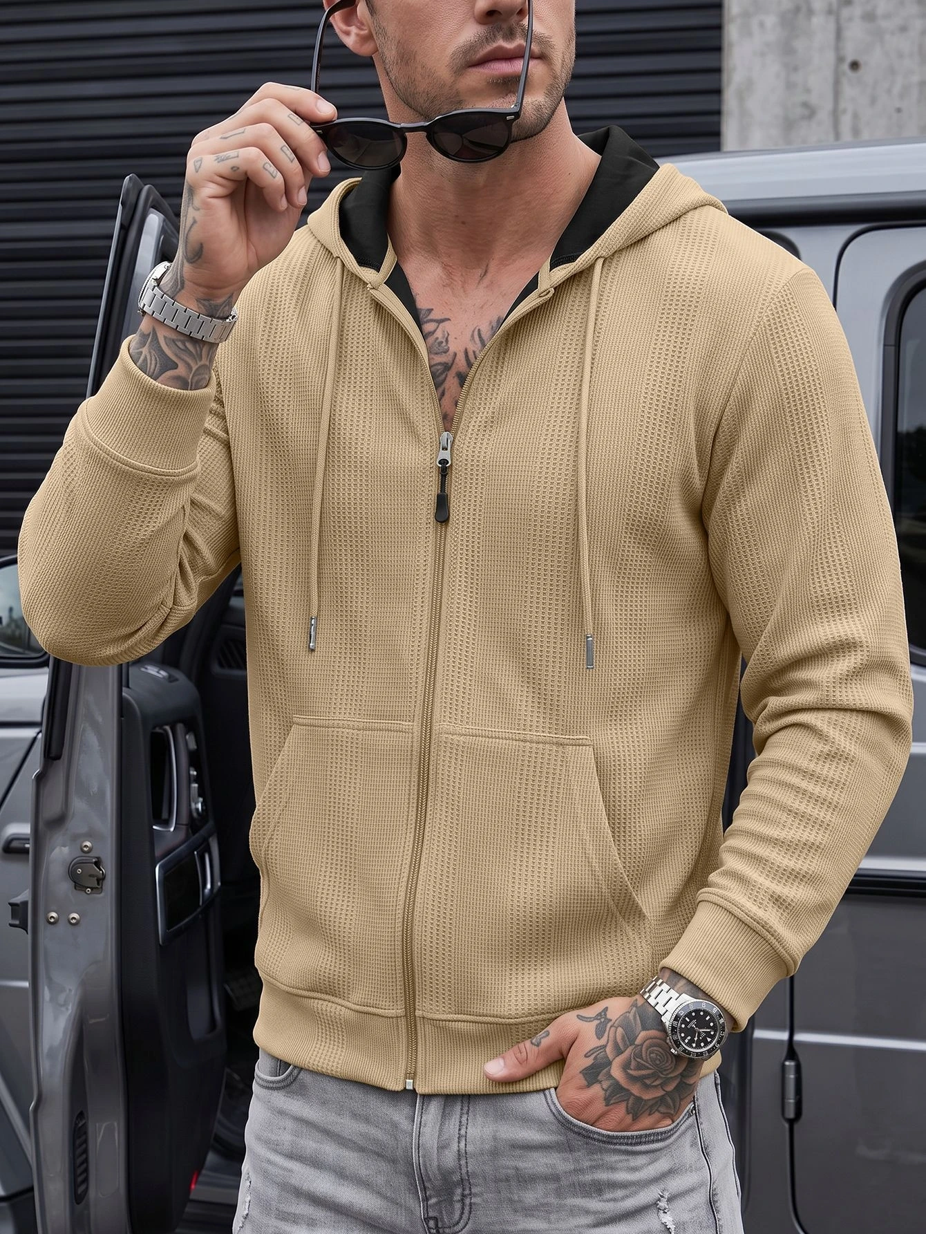 Men's Coat Waffle Texture Hooded Zip Up Cardigan Solid Long Sleeve Pocket Jacket Spring Autumn Daily Streetwear Outer Coat