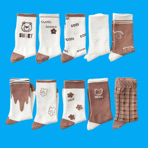 

10/20 Pairs Women's Mid-tube Socks Versatile Spring and Autumn Cute Coffee-colored Retro Autumn and Winter Socks Khaki Socks