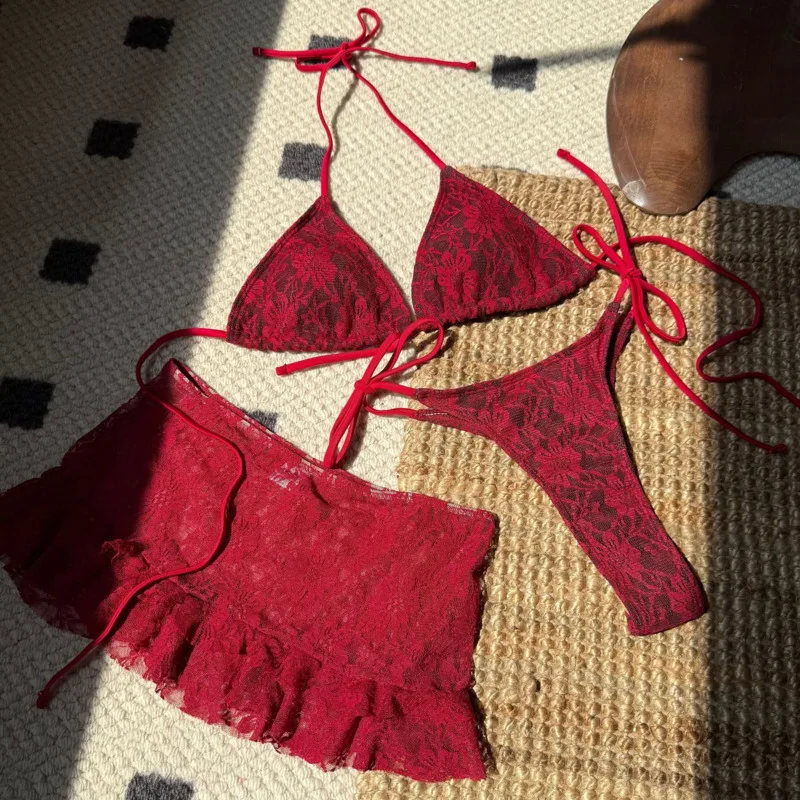 Bikinis sexis de 3 uds., trajes de baño de encaje, traje de baño para mujer con realce, ropa de baño para playa para mujer, trajes de baño, conjunto de Bikini brasileño, bañista para piscina