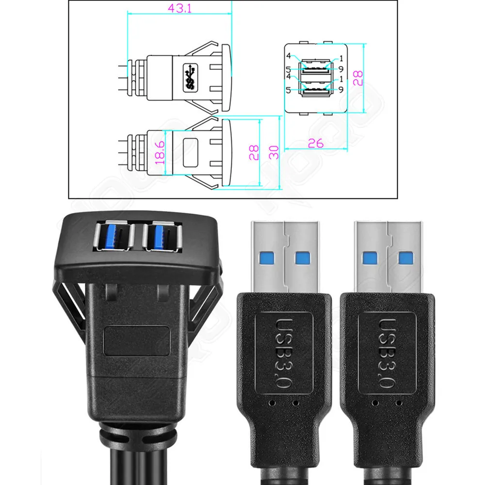 Dual port USB Socket Cabe USB3.0 Auto Car Flush Mount Extension Cord Dashboard Panel Square USB cable for Motorcycle