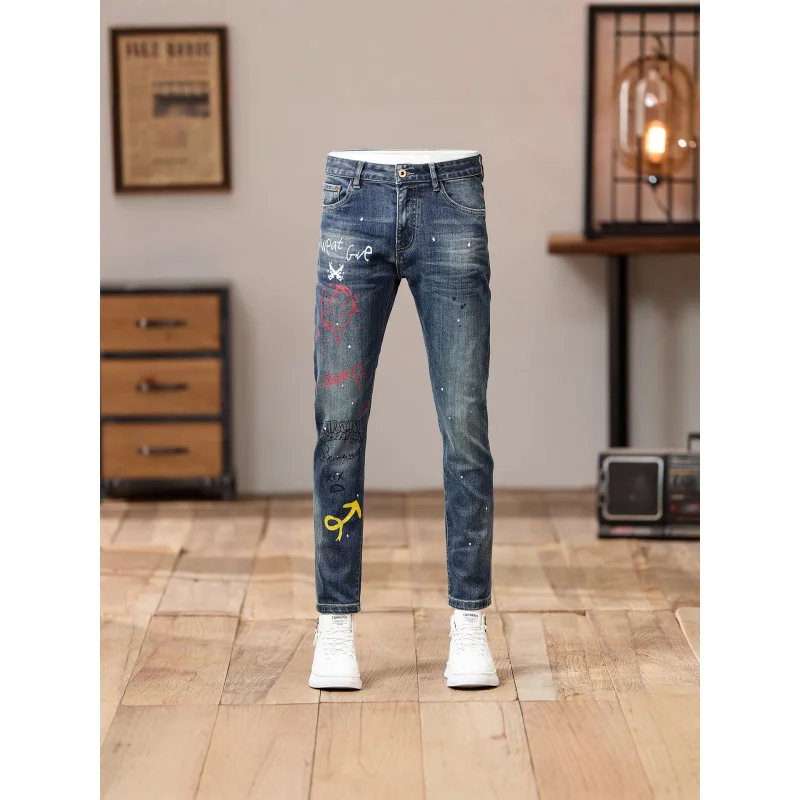 High end retro blue jeans men's autumn 2025 new trendy brand street paint printed slim fit small foot long pants