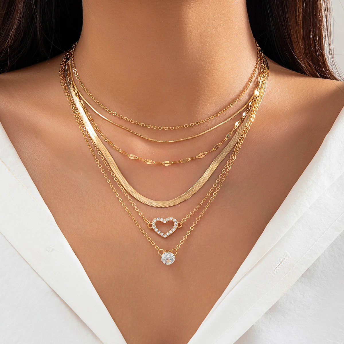 IngeSight.Z 6pcs/set Luxury  Peach Heart Rhinestone Pendant Necklace for Women Punk Gold Color Flat Snake Chain Necklace Set