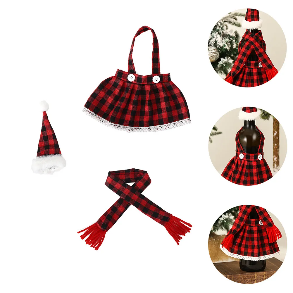 1Set Creative Christmas Wine Bottle Cover Set Soft Cloth Mini Scarf Hat Outfit for Wine Bottles Tiny Pets Party Photo Prop