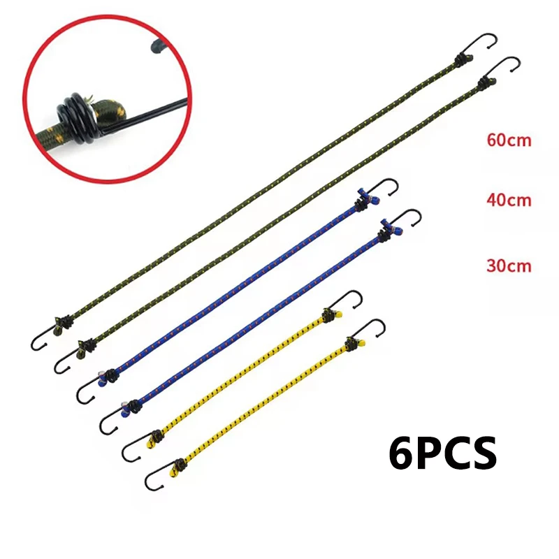 6Pcs Outdoor Camping Elastic Rope with Iron Hooks Tent Setup Fixed Rope Kayak Canoe Practical Binding Rope