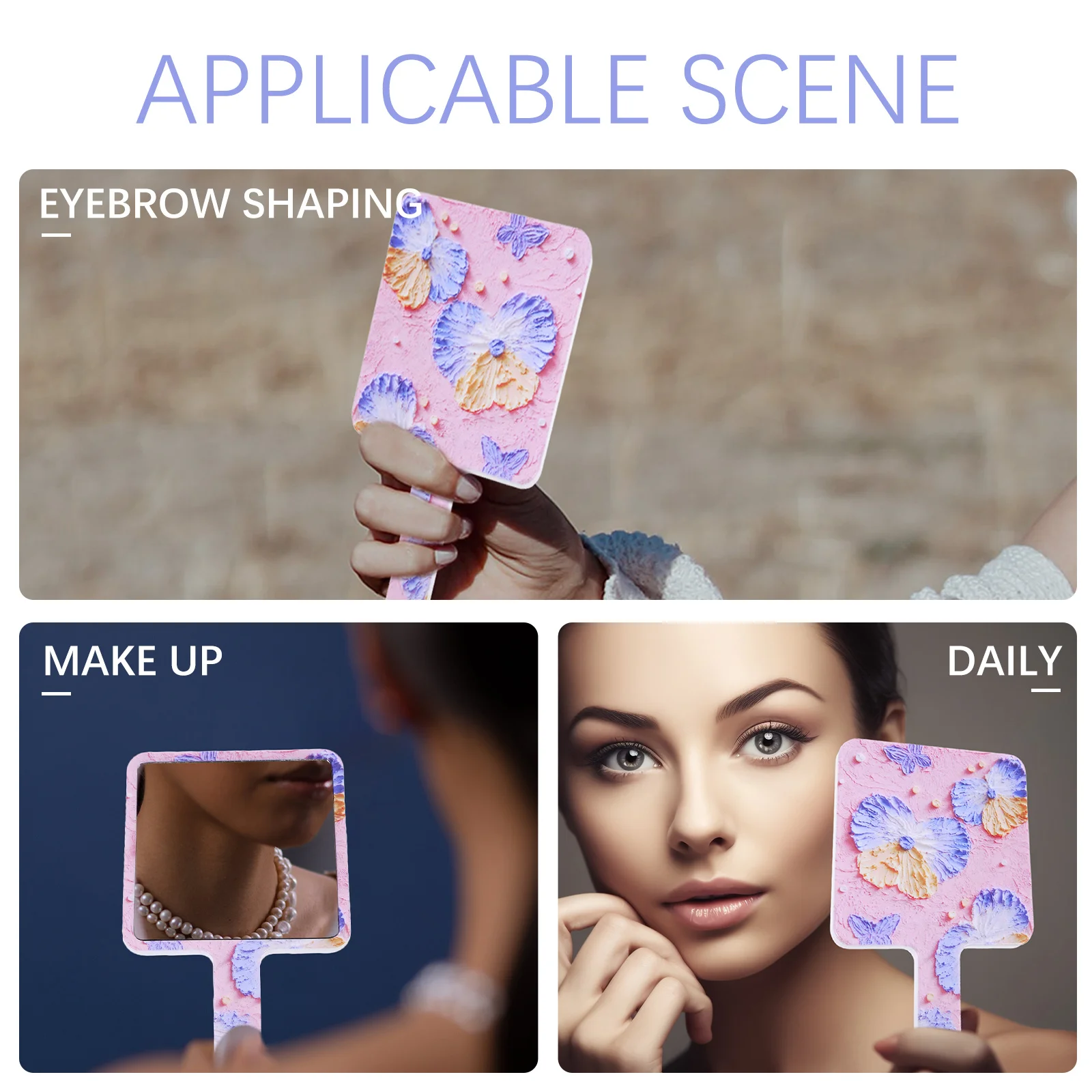 Miroir de maquillage à main fantaisie pour femmes, petite vanité Portable avec poignée de voyage