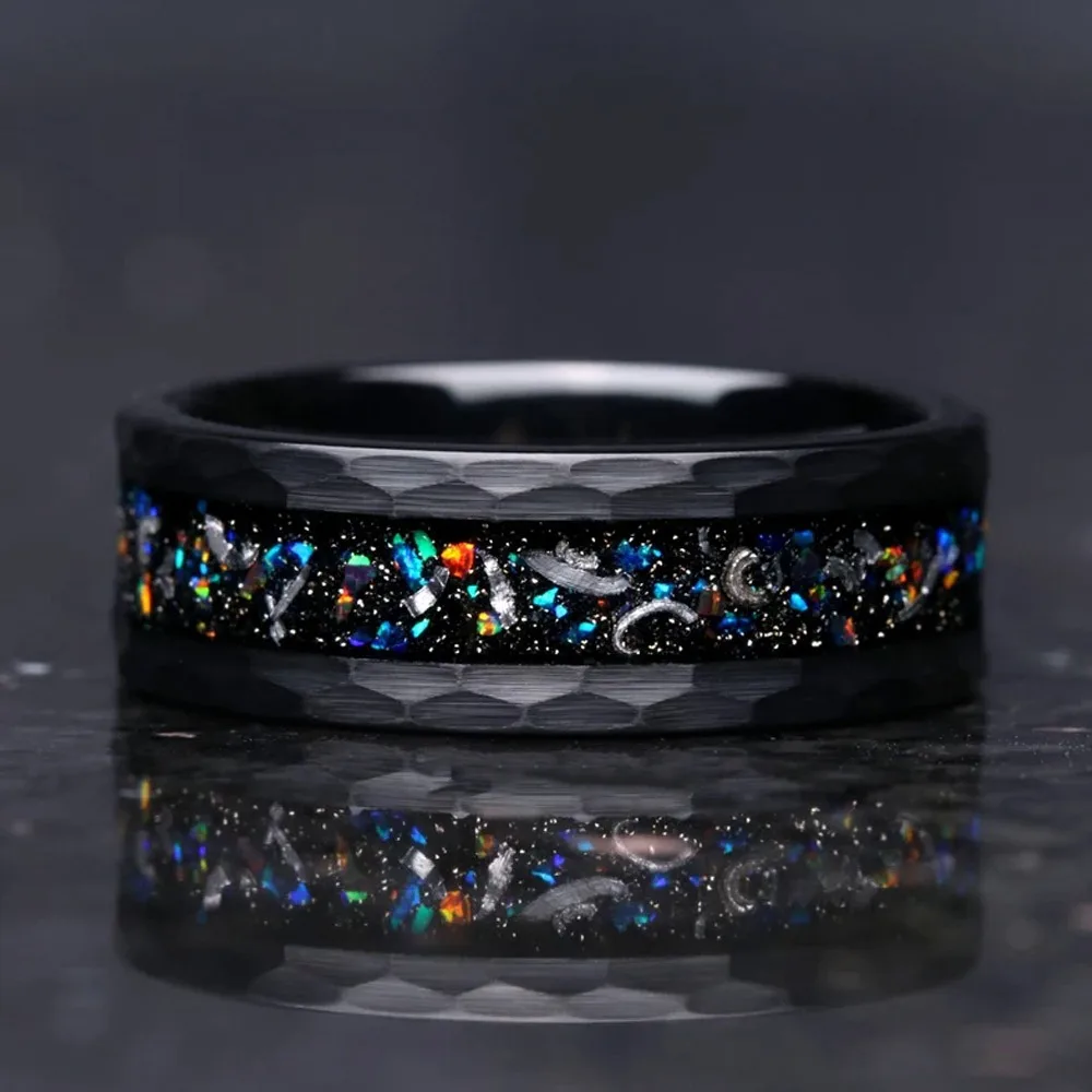 Somen 8mm Hammered Black Tungsten Ring For Men Sparkling Multi-Color Opal Inlay Engagement Rings Wedding Band Mens Jewelry Gifts