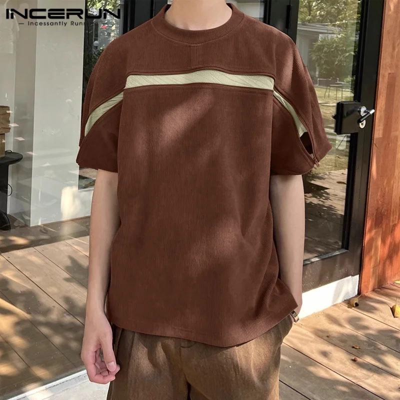 

Summer Short Sleeve Men T-Shirts INCERUN Casual Tops Tee Mesh Zipper Patchwork T Shirt Streetwear Oversize Tops Men's Clothing