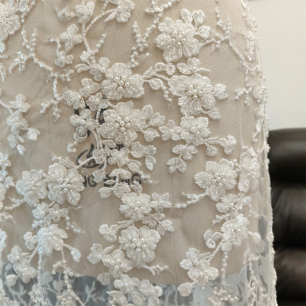 New Handcrafted Bridal Gown Material Heavy Beading Pearl Western Mermaid Wedding Dress with Embroidered Lace Fabric