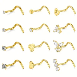 12Pcs 20G Hook Nose Studs, Stainless Steel Nose Stud With Different Styles, Heart-shaped Cubic Zirconia Butterfly Nose Studs