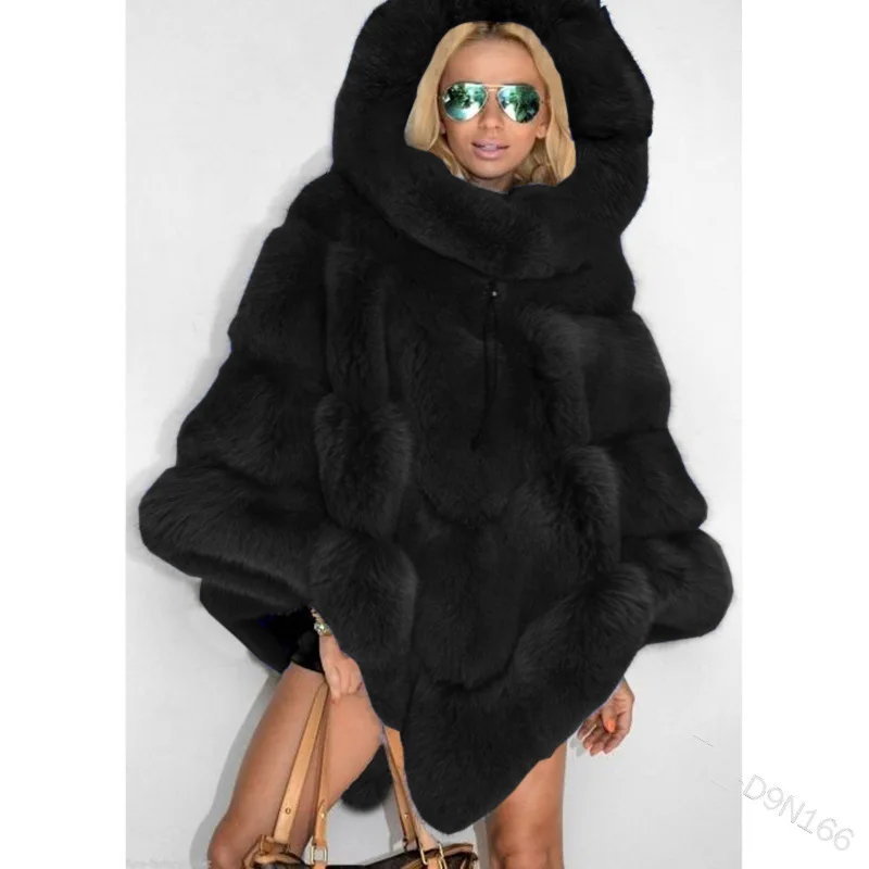 2023 Fashion Warm Winter Faux Fur Hooded Capes Women Faux Mink Fur Cloak Coat Ladies Fluffy Plush Jackets Female Elegant Chic