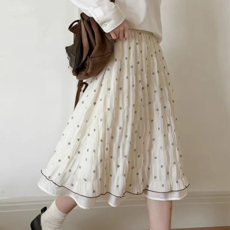 Polka Dot Long Skirt Japanese Style A-line Vintage Spring Summer Women Skirts Sweet Versatile Elegant Jupe Femme