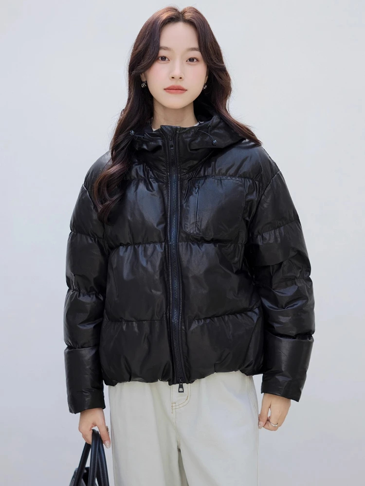 Vestes courtes à capuche en duvet d'oie en cuir véritable pour femmes, nouveau manteau haut de gamme Simple, moelleux et chaud d'hiver en peau de chèvre véritable, 2025